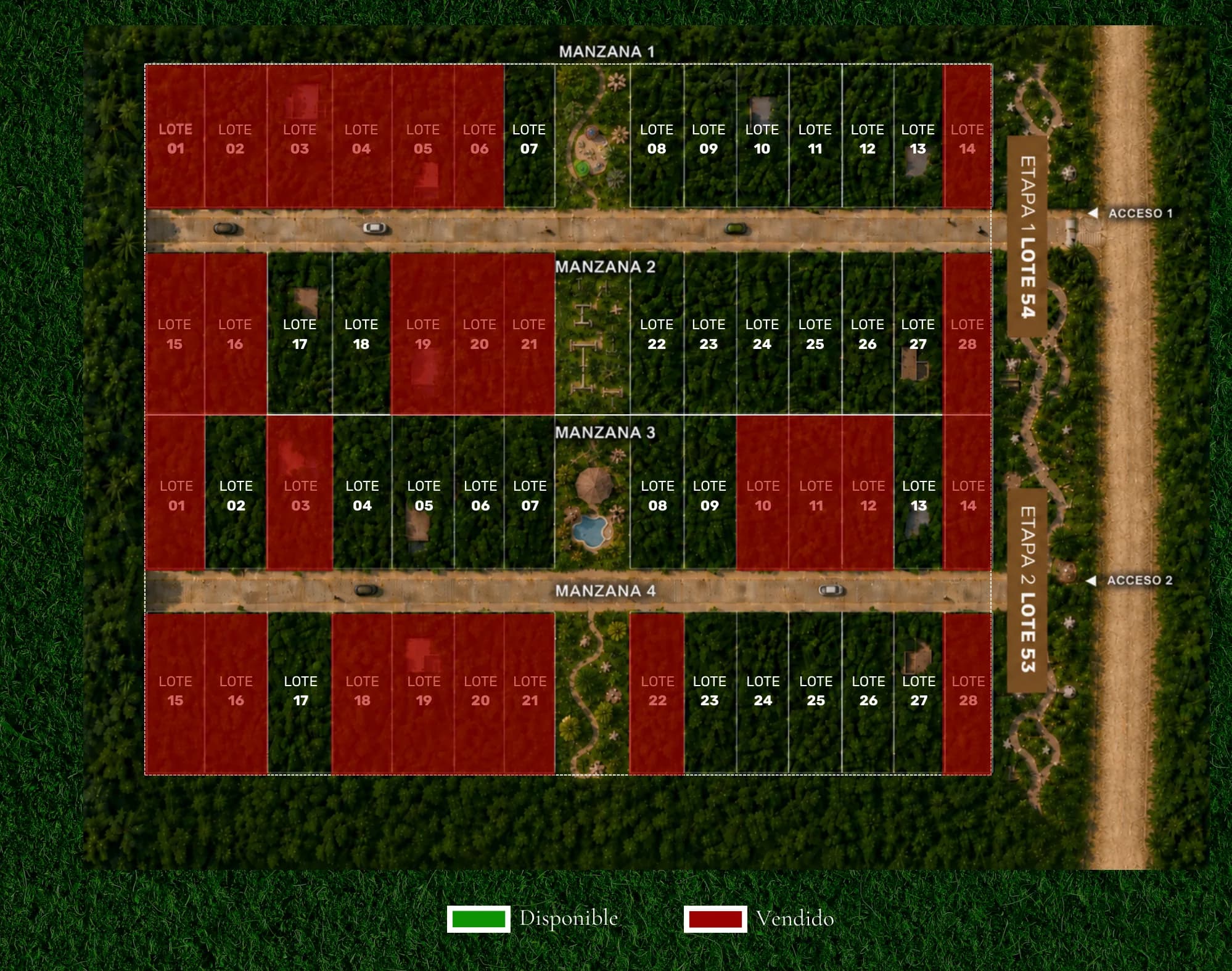 Master plan de ZAMÄ Bacalar: lotes de las manzanas 1 a 4, en verde los disponibles y en rojo los vendidos