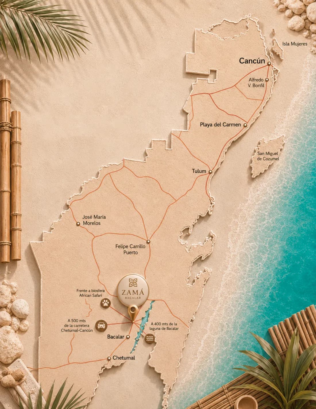 Mapa ilustrado de Quintana Roo con la ubicación de ZAMÄ Bacalar junto a la laguna